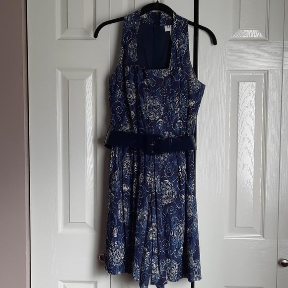 HP⭐ R.J. Stevens Petites Navy Blue Print Romper Sundress Size 8P - Picture 3 of 5